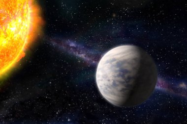 Kozmik galaksi arka planında gezegenler ve yıldızlar var