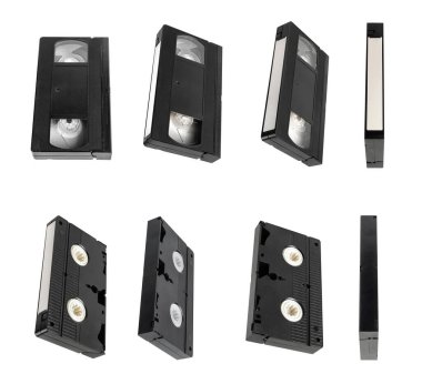Beyaz arkaplanda izole edilmiş filmler için video kaset, farklı sürümlerde video kaset.