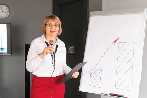 A woman with a microphone makes a presentation in the conference room. Middle-aged woman coaching at the marker Board