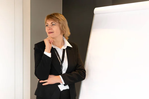 A woman in a suit makes a presentation in the conference room. Middle- aged woman coaching at a marker Board. She smiles