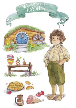 watercolor set with a hobbit clipart