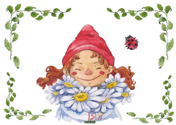 Akvarel malá holčička s chamomiles — Stock fotografie