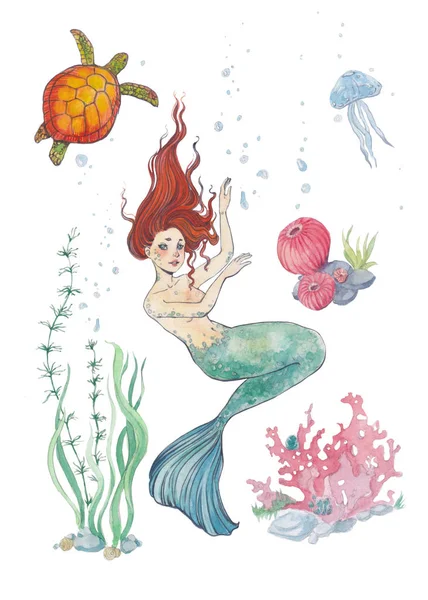 Watercolor set with a mermaid — Stock Photo, Image