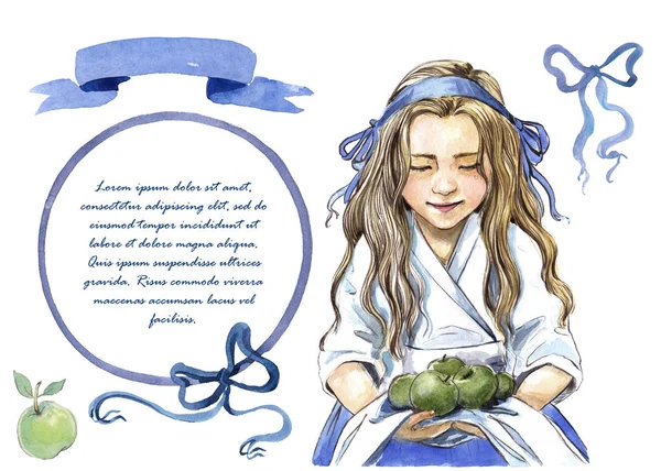Illustration aquarelle avec une petite fille aux pommes vertes dans ses mains — Photo