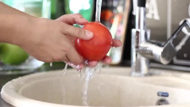 Lava Fruta Chica Sobre Fregadero Bajo Agua Lava Tomates Rojos — Vídeo de stock