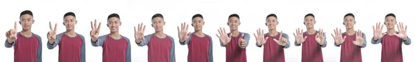 Collage of happy young asian man showing counting sign from one — Stock Photo, Image