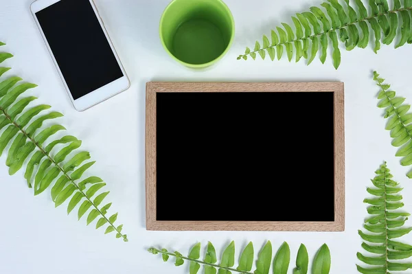 Yeşil eğrelti otu yaprakları ve taşınabilir p ile üst görünüm düz karatahta yatar