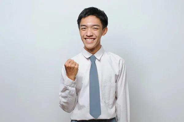 Indonesian Student Wearing Senior High School Uniform Success Gesture Isolated — Stock Photo, Image