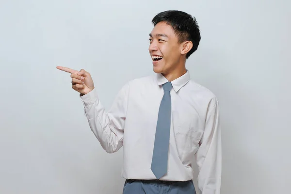 Indonesian Senior Student Wearing Uniform Pointing Copy Space Blank Space — Stock Photo, Image