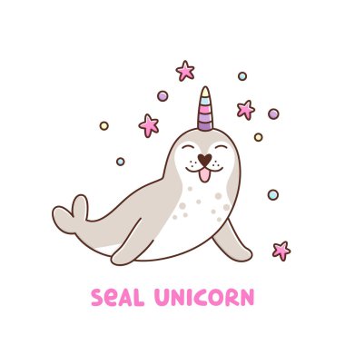 Beyaz arka planda Parlak Boynuz Tek Boynuzlu At ile Mühürle. Yapıştırma, yama, telefon kutusu, poster, tişört, kupa ve diğer tasarımlar için kullanılabilir..