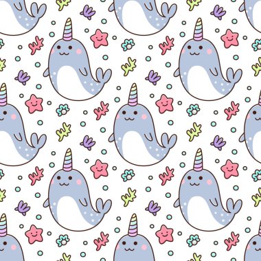 Boynuzlu balina ve denizyıldızı, inci, kabukları, mercan ile Seamless modeli. Kağıt, Tekstil ve etc ambalaj için kullanılabilir. Çocuk giyim, yatak çarşafları, vb. için mükemmel baskı.