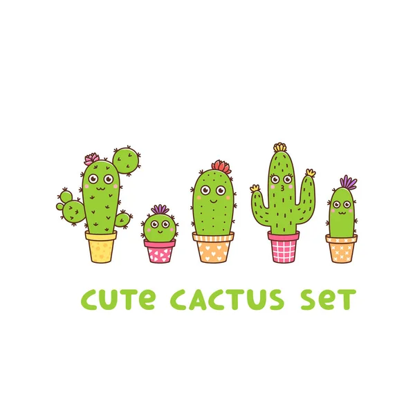 Roztomilý Kvetoucí Kaktus Soupravě Hrnce Různých Barev Květinami Tváře Bílém — Stockový vektor