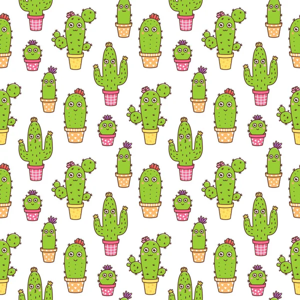 Naadloze Patroon Met Leuke Bloeiende Cactus Verschillende Kleuren Potten Met — Stockvector