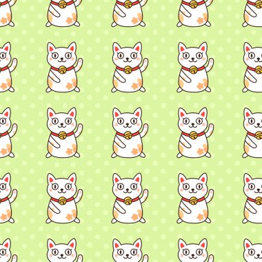 Seamless modeli ile Japon kedi Maneki-Neko, yeşil bir arka plan üzerinde. Kağıt, Tekstil ve etc ambalaj için kullanılabilir. Çocuk giyim, yatak çarşafları, vb. için mükemmel baskı.