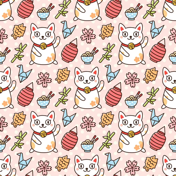 Seamless Pattern Cat Maneki Neko Other Japanese Symbols Pink Background — Stock Vector