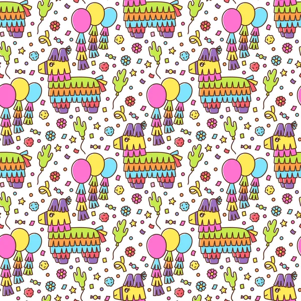 Seamless pattern with Mexican Pinata donkey - paper toy and other decorations for a holiday, on a white background. It can be used for packaging, wrapping paper, textile and etc.