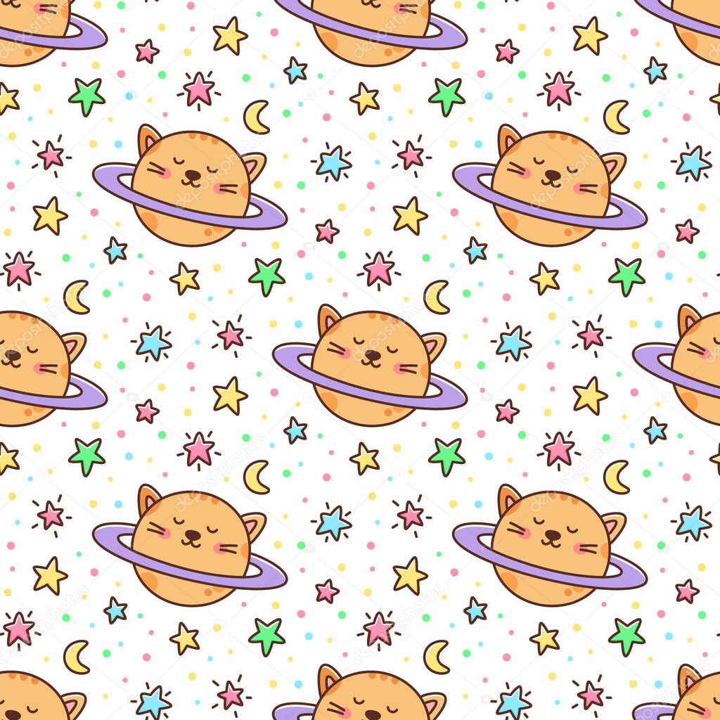 Seamless pattern with cat planet and stars, moon on a white background. It can be used for packaging, wrapping paper, textile and etc. Excellent print for children's clothes, bed linens, etc.