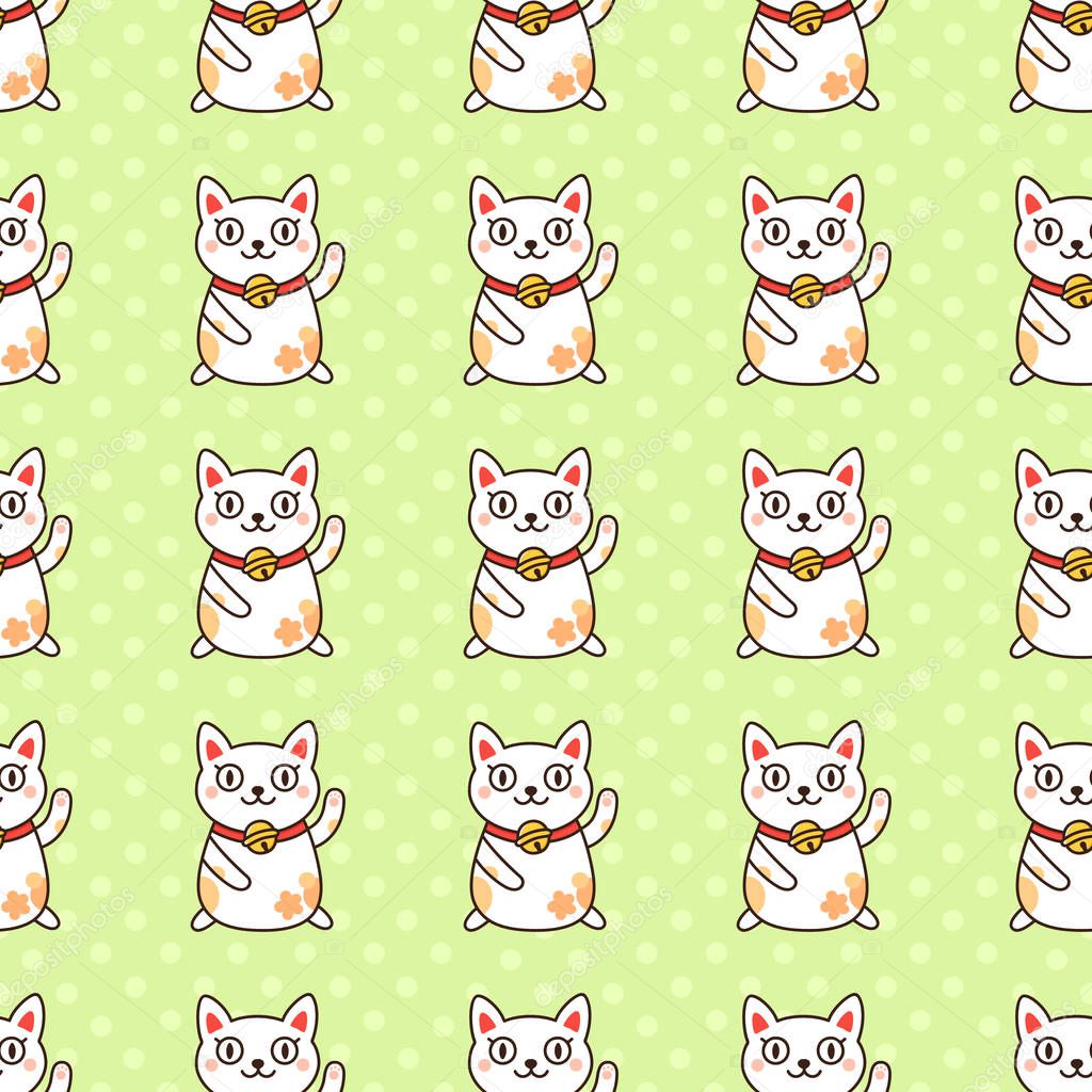 Seamless pattern with Japanese cat Maneki-Neko, on a green background.  It can be used for packaging, wrapping paper, textile and etc. Excellent print for children's clothes, bed linens, etc.