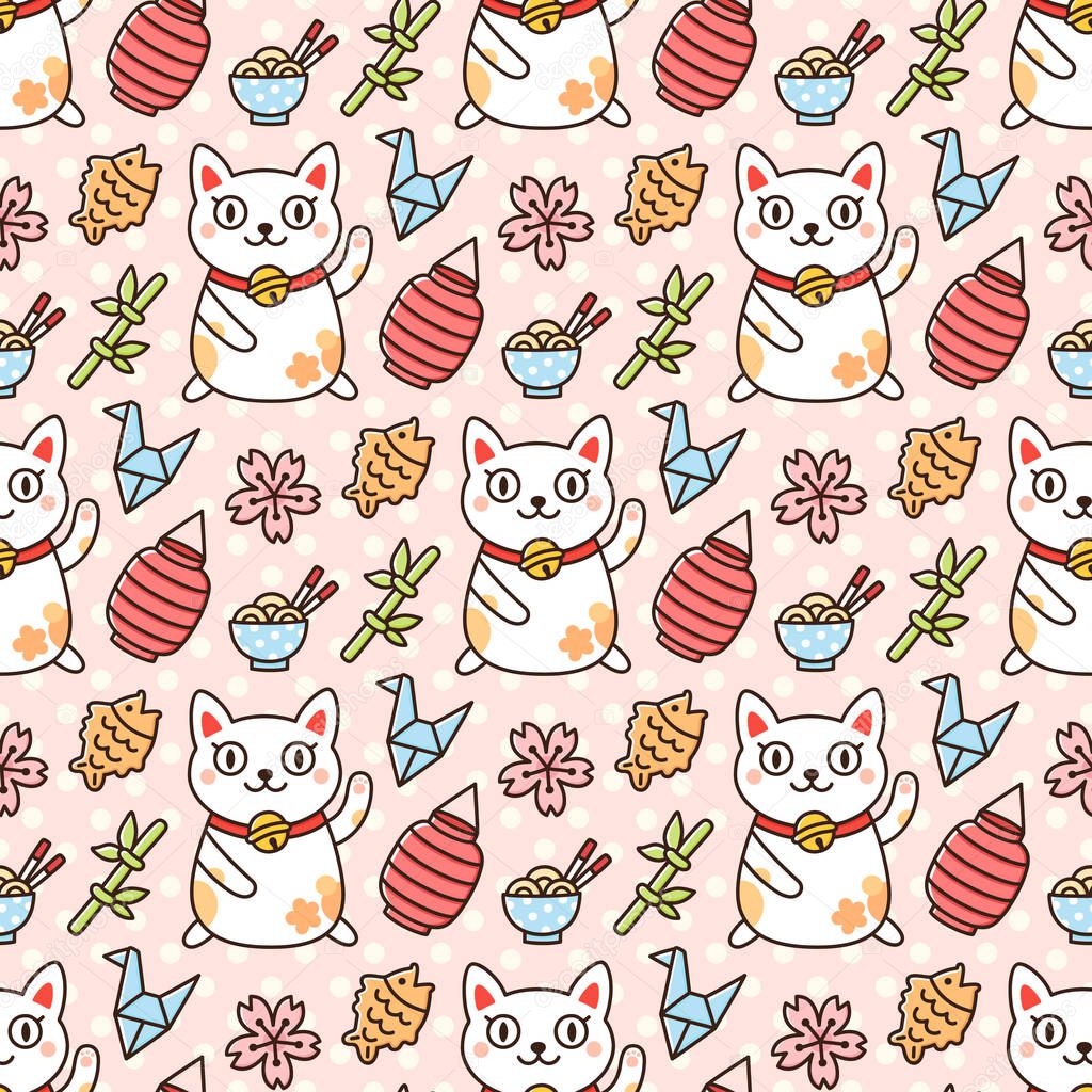 Seamless pattern with cat Maneki-Neko and other Japanese symbols, on a pink background. It can be used for packaging, wrapping paper, textile and etc. Excellent print for children's clothes, bed linens, etc.