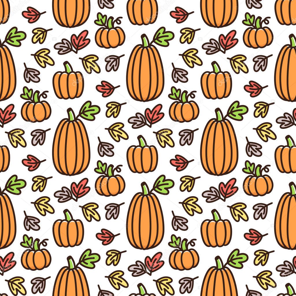 Seamless pattern with pumpkins and leaves, for the season of harvest or Thanksgiving or Halloween. It can be used for packaging, wrapping paper, textile and etc.