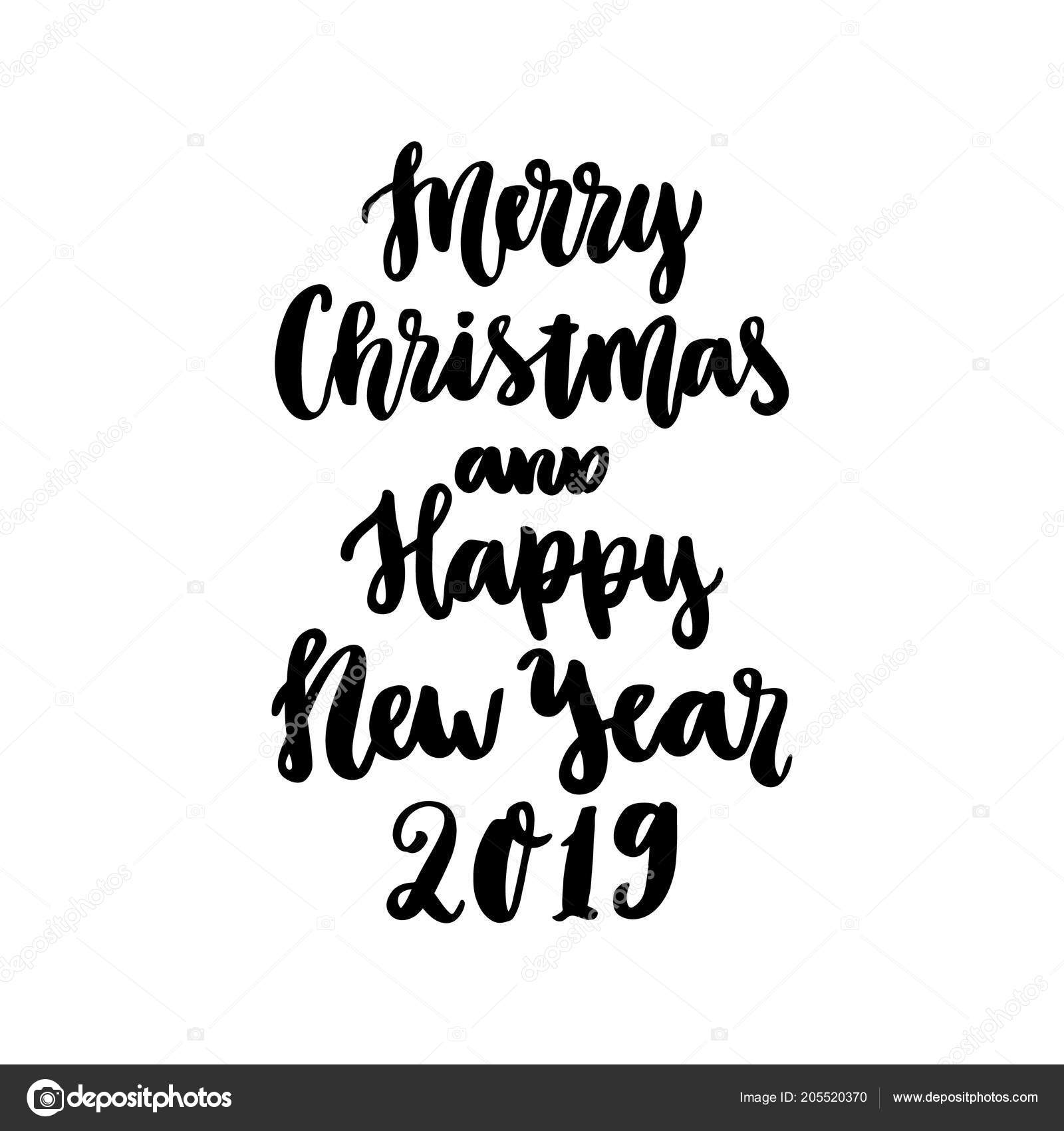 Hand Drawing Quote Merry Christmas Happy New Year 2019 Trendy — Wektor stockowy
