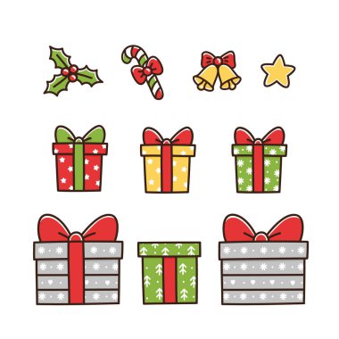 Noel simgeler öğeleri: farklı hediye kutuları, yıldız, ökse otu, kırmızı bir yay, bir çan ile lolipop.