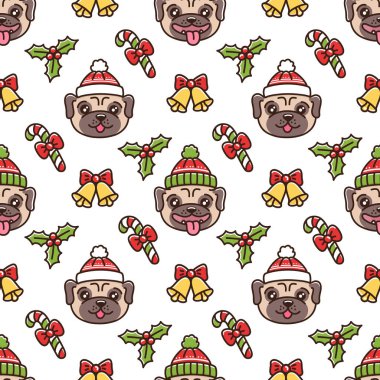 Şirin seamless modeli ile köpek doğurmak pug ökse otu, çan ve lolipop fair Isle Noel şapkalı. O-ebilmek var kullanılmış kağıt, Tekstil ve etc ambalaj için.