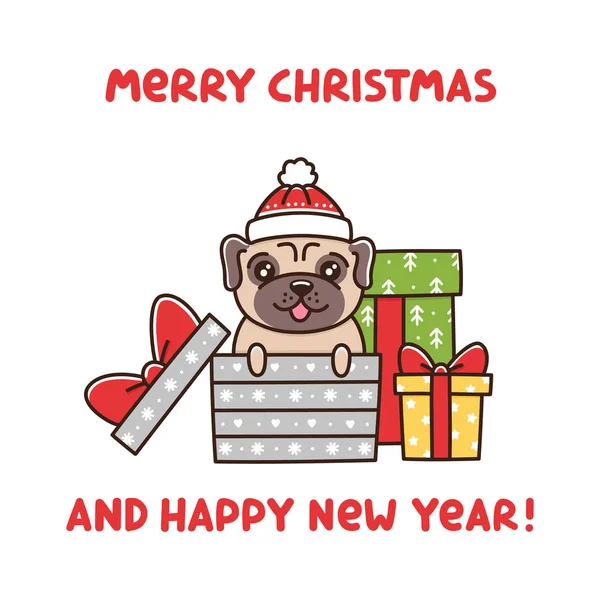 Schattige Hondenras Pug Als Gift Christmas Box Het Kan Worden — Stockvector