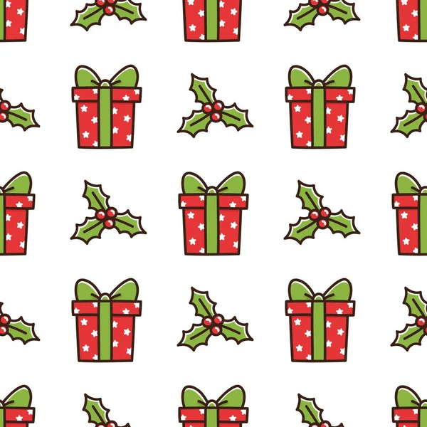 Lindo Patrón Sin Costuras Con Regalo Caja Navidad Muérdago Puede — Vector de stock