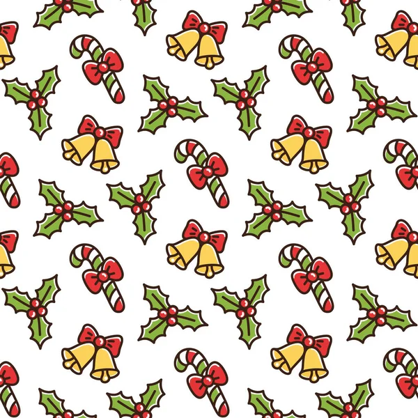Cute Seamless Pattern Christmas Symbols Mistletoe Lollipop Red Bow Bell — Stock Vector