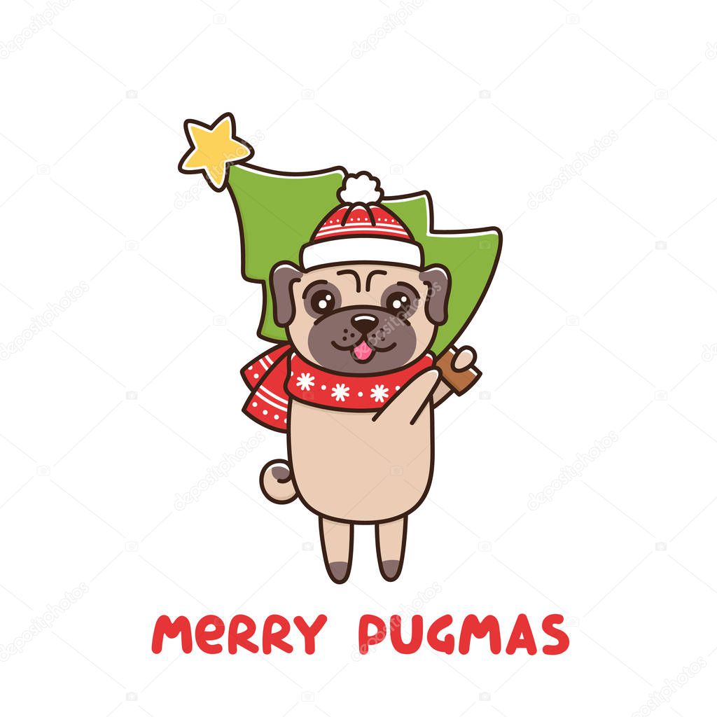 Cute dog breed pug in a Christmas hat and scarf with snowflakes, carries a Christmas tree. Merry Pugmas it's funny wordplay Merry Christmas and Pug. It can be used for sticker, patch, phone case, poster, t-shirt, mug and other design.