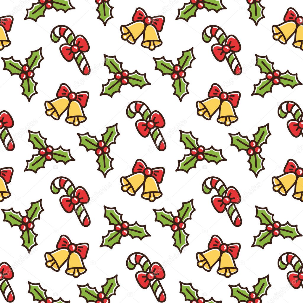 Cute seamless pattern with Christmas symbols: mistletoe, lollipop with a red bow, a bell. It can be used for packaging, wrapping paper, textile and etc.
