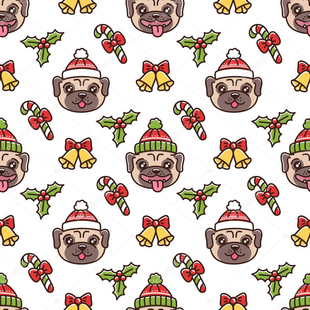 Cute seamless pattern with dog breed pug in fair isle christmas hat, with mistletoe, bell and lollipop. It can be used for packaging, wrapping paper, textile and etc.