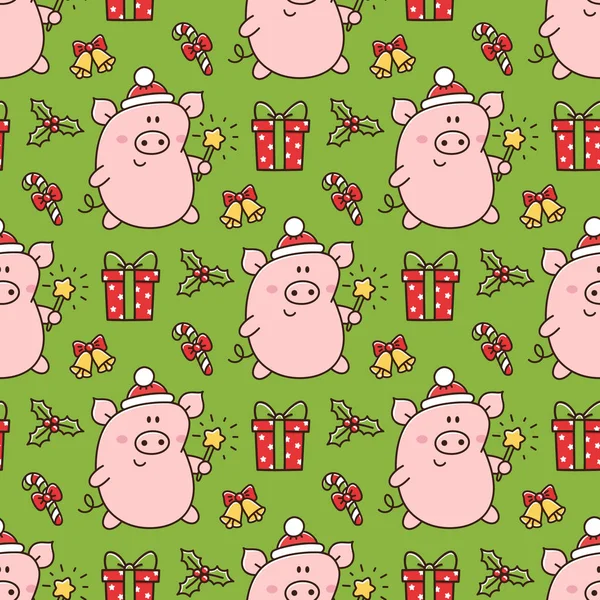Nahtloses Muster Mit Süßem Schwein Weihnachtsmann Hut Mit Bengalfeuer Und — Stockvektor