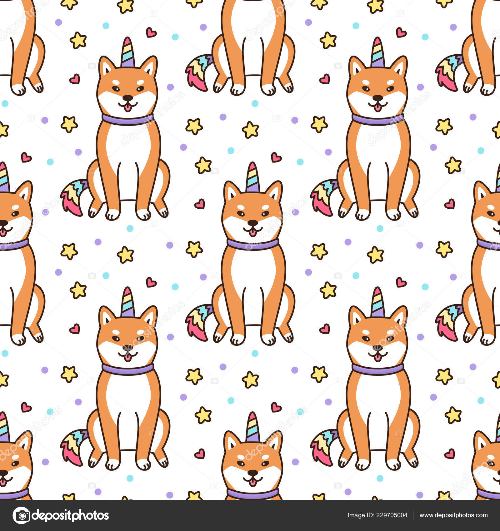 Seamless Pattern Shiba Inu Unicorn Costume Horn Colorful Tail Excellent