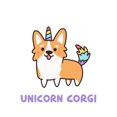 Sevimli köpek doğurmak Galce corgi boynuz ve renkli kuyruklu bir tek boynuzlu at kostüm. Bu etiket, yama, telefon durumda, afiş, t-shirt, kupa ve diğer tasarım için kullanılabilir.