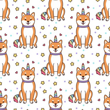 Shiba Inu boynuz ve renkli kuyruklu bir tek boynuzlu at kostüm ile Seamless modeli. Mükemmel çocuk giyim için yazdırma, yatak çarşafları, telefon case, kupa, ambalaj kağıdı, tekstil vb.