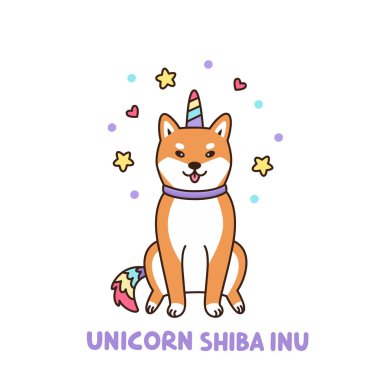 Shiba Inu doğurmak bir tek boynuzlu at kostüm Kawaii köpek. Bu etiket, yama, telefon durumda, afiş, t-shirt, kupa ve diğer tasarım için kullanılabilir.