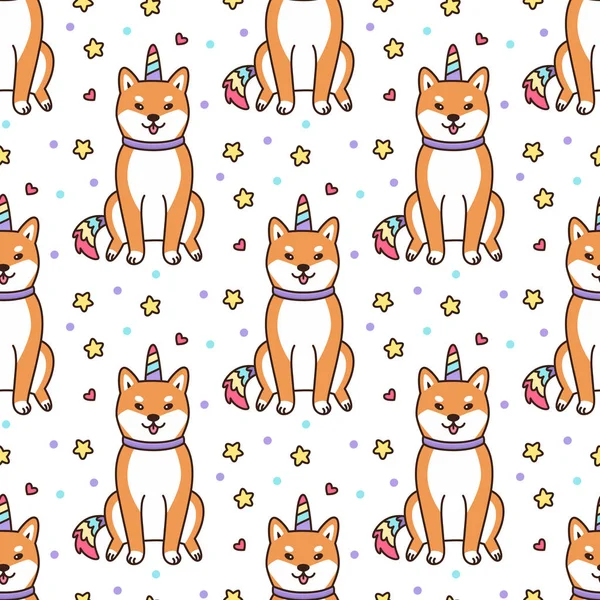 Modèle Sans Couture Avec Shiba Inu Dans Costume Licorne Avec — Image vectorielle