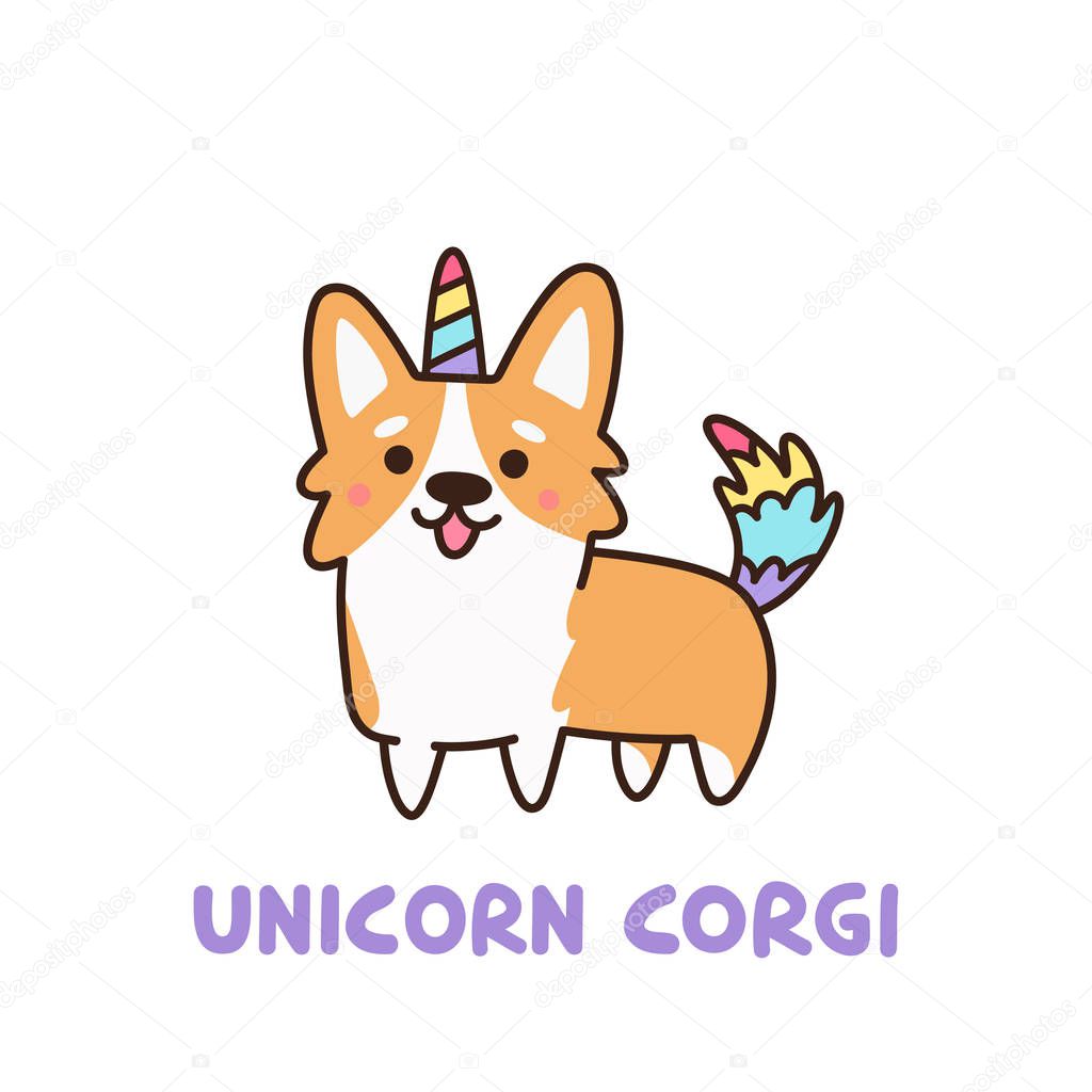 Cute dog breed welsh corgi in a unicorn costume with horn and colorful tail. It can be used for sticker, patch, phone case, poster, t-shirt, mug and other design.