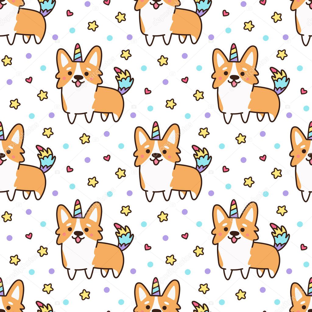 Seamless pattern with welsh corgi in a unicorn costume with horn and colorful tail. Excellent print for children's clothes, bed linens, phone case, mug, wrapping paper, textile etc.