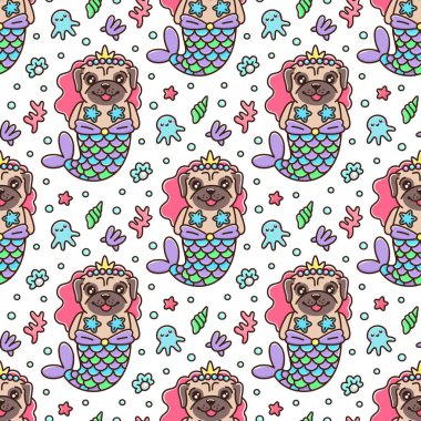Seamless pattern with dog pug in a mermaid costume. With tail of a mermaid, crown, pearl, shell, coral, octopus and starfish. It can be used for packaging, wrapping paper, textile and etc. Excellent print for children's clothes, bed linens, etc. vector