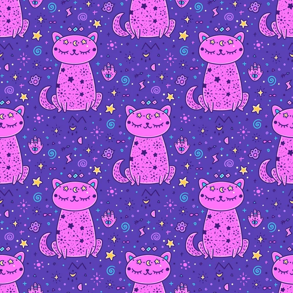 Mistical starry seamless pattern with cat and mistical element. It can be used for packaging, wrapping paper, textile, notebook, mug, invitation card, etc.