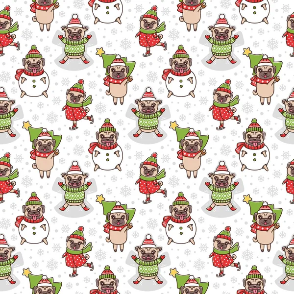 Winter seamless pattern with dogs breed pug. Dogs play games: sculpt snowman, skate, make a snow angel, carries a Christmas tree. It can be used for packaging, wrapping paper, textile and etc.