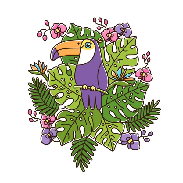 オオハシ鳥は熱帯の葉と白地に花の枝に座っています ステッカー パッチ 携帯電話ケース ポスター シャツ マグカップ 他のデザインに使用できます — ストックベクタ