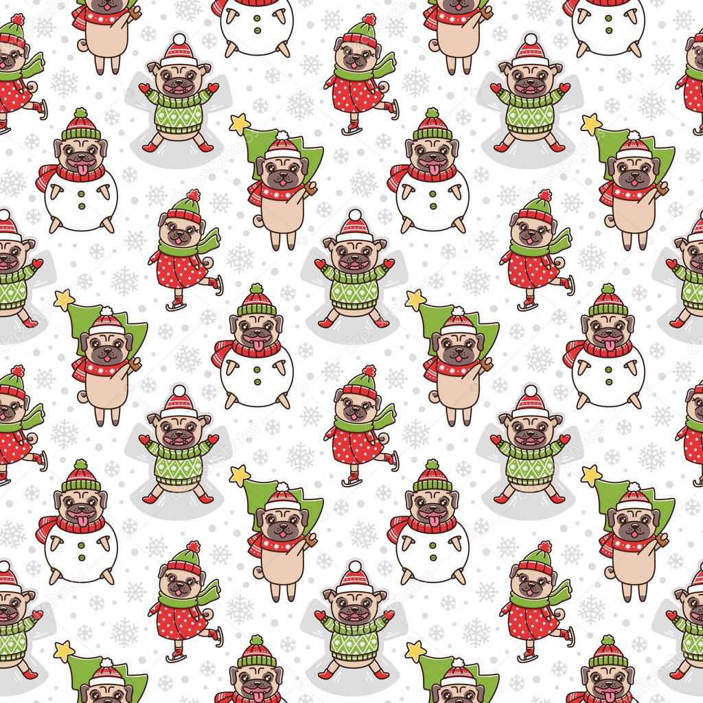 Winter seamless pattern with dogs breed pug. Dogs play games: sculpt snowman, skate, make a snow angel, carries a Christmas tree. It can be used for packaging, wrapping paper, textile and etc.