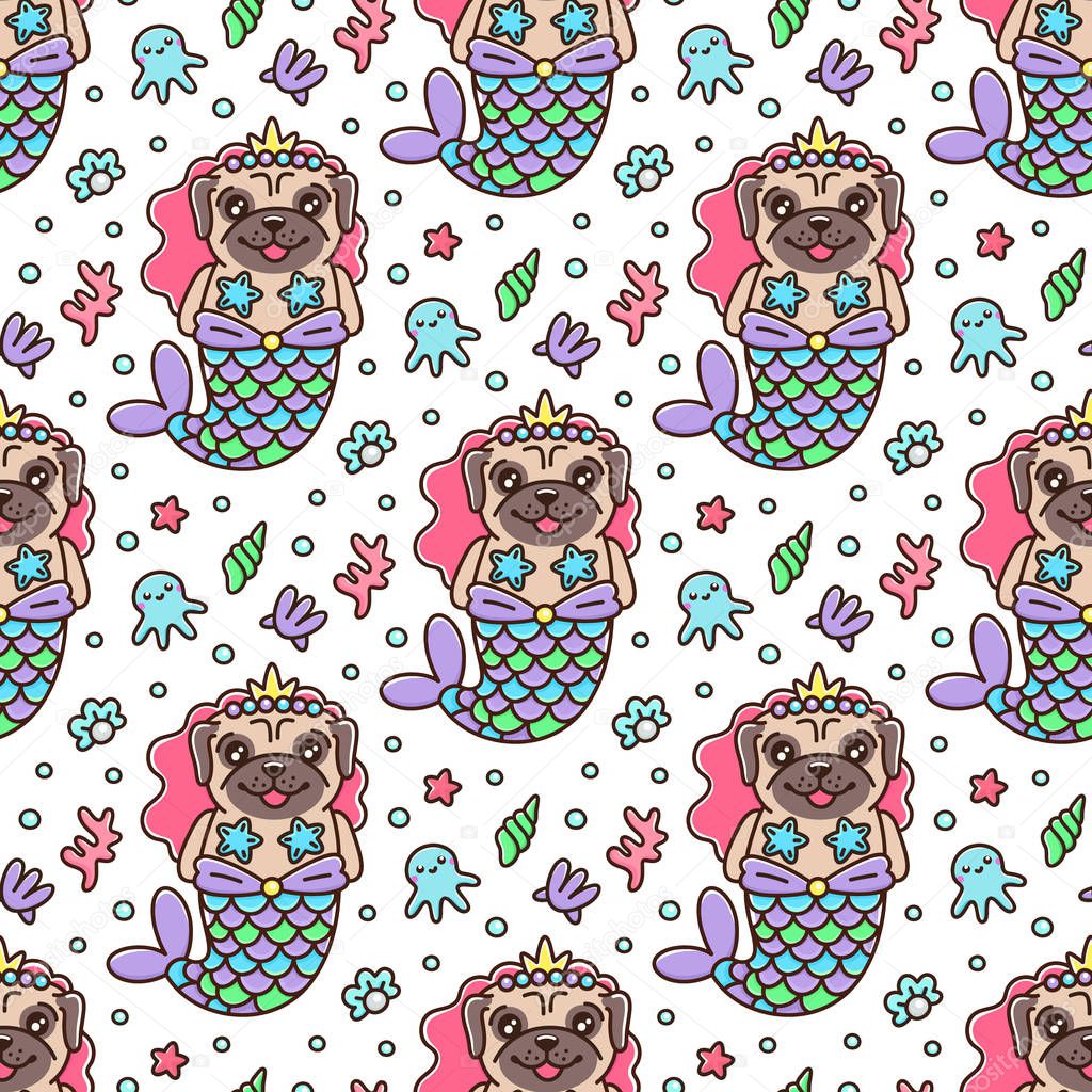 Seamless pattern with dog pug in a mermaid costume. With tail of a mermaid, crown, pearl, shell, coral, octopus and starfish. It can be used for packaging, wrapping paper, textile and etc. Excellent print for children's clothes, bed linens, etc.