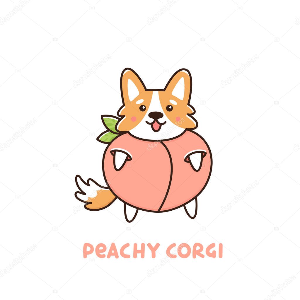 Cute dog breed welsh corgi in a peach with text: peachy corgi. It can be used for sticker, patch, card, phone case, poster, t-shirt, mug etc.