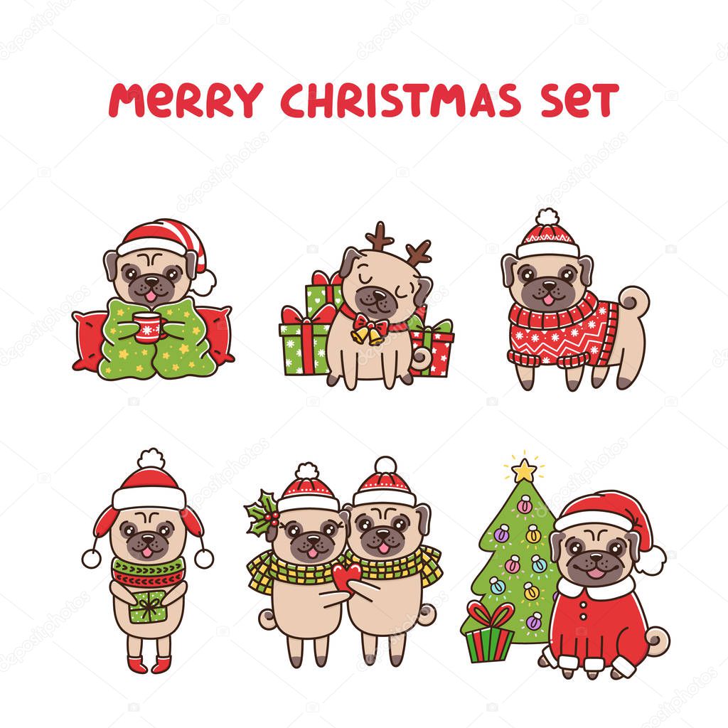 Merry christmas set dogs breed pug. Dog with mug, with gift, dog deer, couple pugs in love,  pug in a fair isle red sweater and hat, dog in pajamas near the Christmas tree.