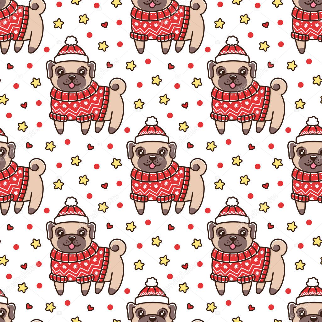 Cute seamless pattern with dog breed pug in a fair isle red sweater and hat. It can be used for packaging, wrapping paper, textile and etc.